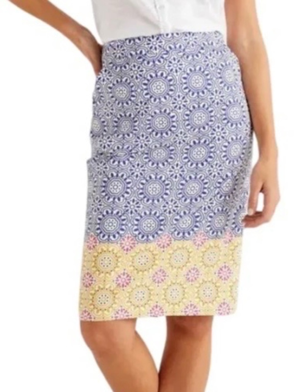 Anthropologie Boden Gabriella Skirt Bold Print Satin lined Blue Sun Tile Print